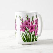鮮やかなピンクのグラジオラス+グリーンの葉の花束 コーヒーマグカップ (正面右)