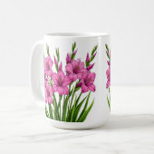 鮮やかなピンクのグラジオラス+グリーンの葉の花束 コーヒーマグカップ (正面左)