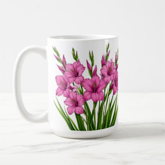 鮮やかなピンクのグラジオラス+グリーンの葉の花束 コーヒーマグカップ (左)