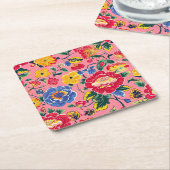 鮮やかなピンクのシノワズリーフラワー スクエアペーパーコースター (アングル)