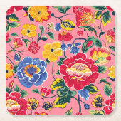 鮮やかなピンクのシノワズリーフラワー スクエアペーパーコースター (正面)