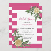 鮮やかなピンクのストライプ レモン シトラス ウェディングシャワー 招待状 (正面/裏面)