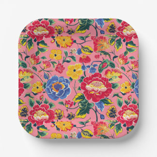 鮮やかなピンクのチャイナペイントの花 ペーパープレート