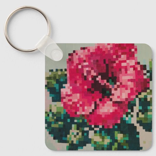 鮮やかなピンクのハイビスカスのドット絵 キーホルダー (正面)