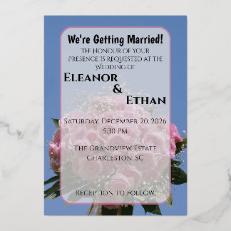 鮮やかなピンクのバラの花束と青い空の夏 箔招待状