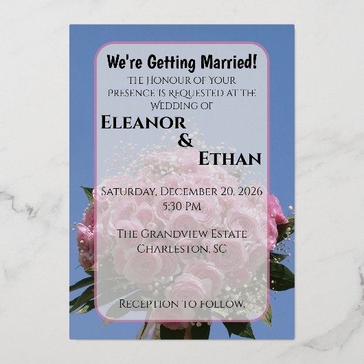 鮮やかなピンクのバラの花束と青い空の夏 箔招待状 (正面)