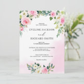 鮮やかなピンクのフローラの緑の葉ボホ結婚の葉 招待状 (スタンド正面)