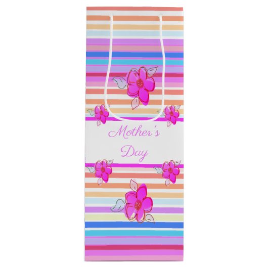 鮮やかなピンクのフローラアクセント ワインギフトバッグ (正面)