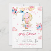 鮮やかなピンクのフローラホットエアバルーンガールベビーシャワー 招待状 (正面)