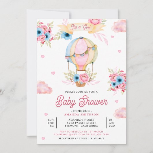 鮮やかなピンクのフローラホットエアバルーンガールベビーシャワー 招待状 (正面)