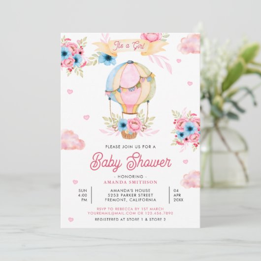 鮮やかなピンクのフローラホットエアバルーンガールベビーシャワー 招待状 (スタンド正面)