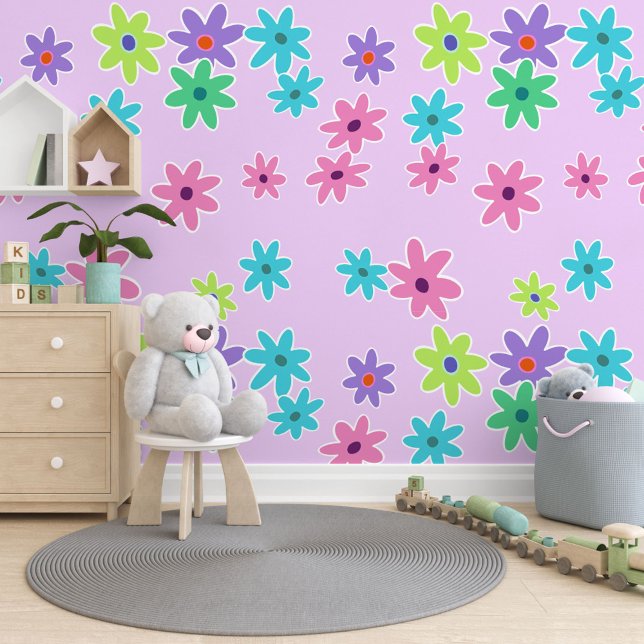 鮮やかなピンクのブルーパープルライムグリーンの花パターン 壁紙 (クリエイターアップロード済み)