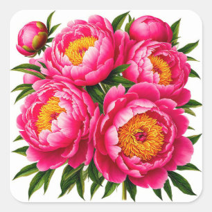 鮮やかなピンクのボタン+グリーンの葉の花束 スクエアシール