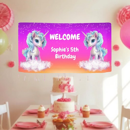鮮やかなピンクのユニコーン 誕生日 横断幕