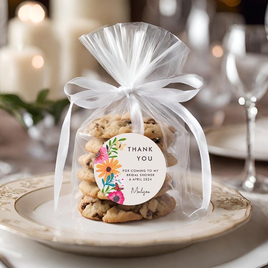 鮮やかなピンクのワイルドフラワー ブライダルシャワーのお礼 ラウンドシール