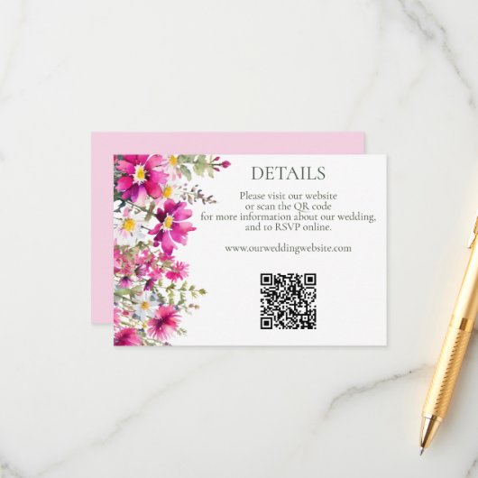 鮮やかなピンクのワイルドフラワーQRコード結婚の詳細 エンクロージャーカード (正面/裏面インサイチュ)