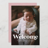 鮮やかなピンクの写真 出生発表 案内状 (正面/裏面)
