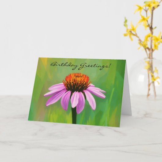 鮮やかなピンクの咲くデイジー花誕生日カード カード (黄色い花)