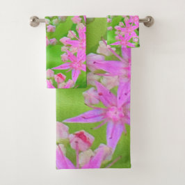 鮮やかなピンクの多肉植物セダムと緑の肉厚な葉 バスタオルセット