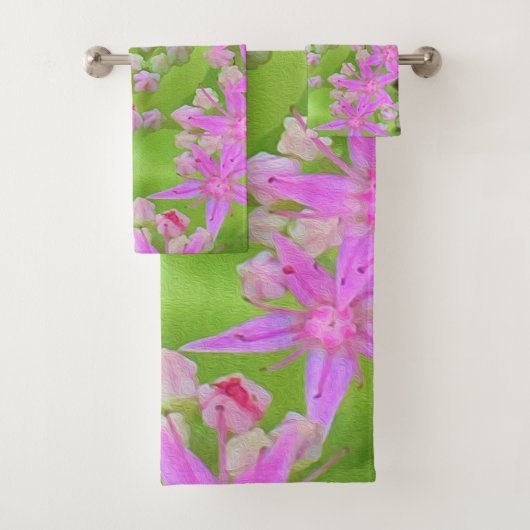 鮮やかなピンクの多肉植物セダムと緑の肉厚な葉 バスタオルセット (インサイチュ)