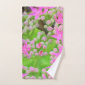 鮮やかなピンクの多肉植物セダムと緑の肉厚な葉 バスタオルセット (ハンドタオル)