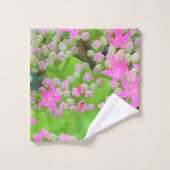 鮮やかなピンクの多肉植物セダムと緑の肉厚な葉 バスタオルセット (ウォッシュタオル)