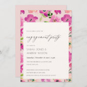 鮮やかなピンクの楽しい水彩花のエンゲージメント 招待状 (正面/裏面)