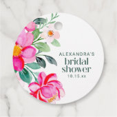 鮮やかなピンクの水彩花イラストのカスタム結婚前お祝いパーティー フェイバータグ (裏面)