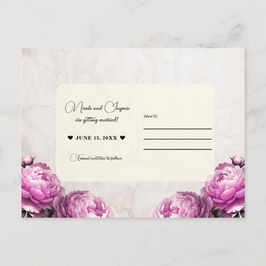 鮮やかなピンクの牡丹の花ヴィンテージ保存日 案内ポストカード (裏面)