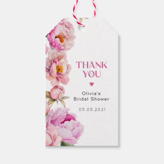 鮮やかなピンクの牡丹ブライダルシャワー感謝していユー ギフトタグ (正面)