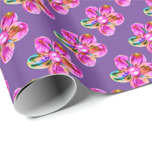 鮮やかなピンクの紫色の手縫い花 ラッピングペーパー (ロールコーナー)
