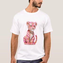 鮮やかなピンクの縞模様の赤ちゃんトラの子　メンズ Tシャツ