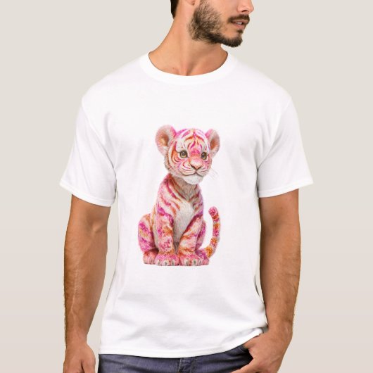 鮮やかなピンクの縞模様の赤ちゃんトラの子　メンズ Tシャツ (正面)