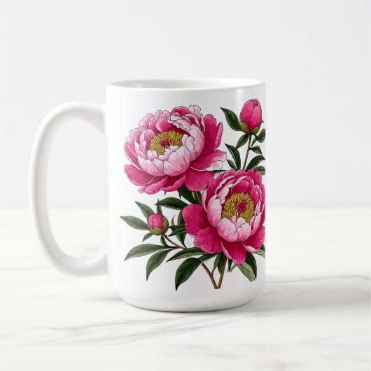 鮮やかなピンクの芍薬のフラワーアート コーヒーマグカップ (左)