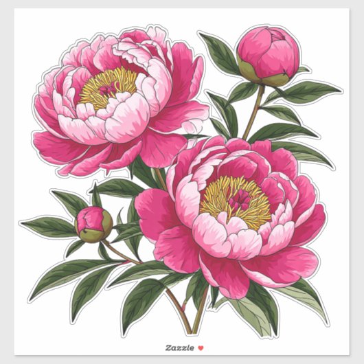 鮮やかなピンクの芍薬のフラワーアート シール (シート)