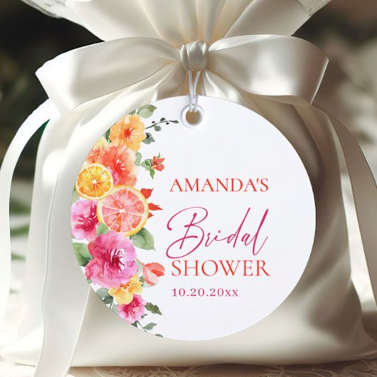 鮮やかなピンクの花とオレンジのスライス ブライダルシャワー フェイバータグ