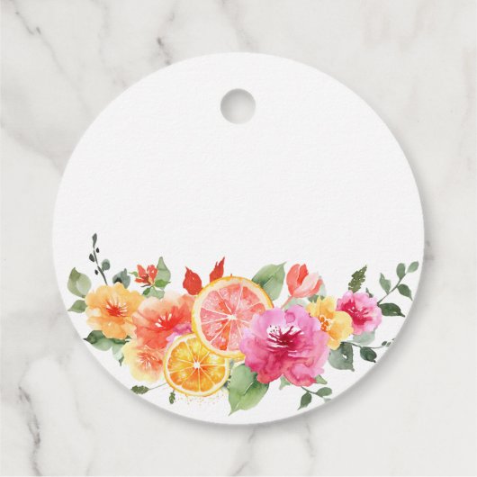 鮮やかなピンクの花と柑橘のスライスの結婚前お披露目 フェイバータグ (裏面)