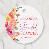 鮮やかなピンクの花と柑橘のスライスの結婚前お披露目 フェイバータグ (正面)