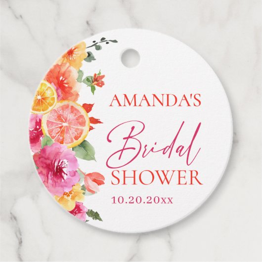 鮮やかなピンクの花と柑橘のスライスの結婚前お披露目 フェイバータグ (正面)
