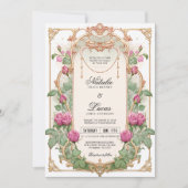 鮮やかなピンクの花と緑の結婚式招待状 招待状 (正面)