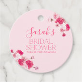 鮮やかなピンクの花のウェディングシャワーフェルトタグ ラウンド フェイバータグ (正面)