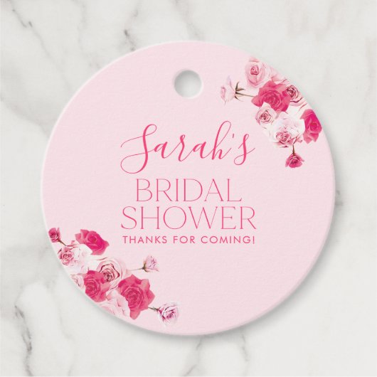 鮮やかなピンクの花のウェディングシャワーフェルトタグ ラウンド フェイバータグ (正面)