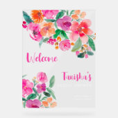 鮮やかなピンクの花のスクリプト ウェルカムサイン 結婚前のお祝い アクリルサイン (正面)