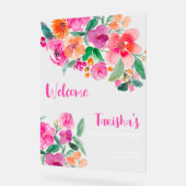 鮮やかなピンクの花のスクリプト ウェルカムサイン 結婚前のお祝い アクリルサイン (傾斜)