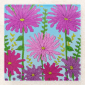 鮮やかなピンクの花のスケッチオンブルー ガラスコースター (正面)