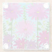 鮮やかなピンクの花のスケッチオンブルー ガラスコースター (裏面)