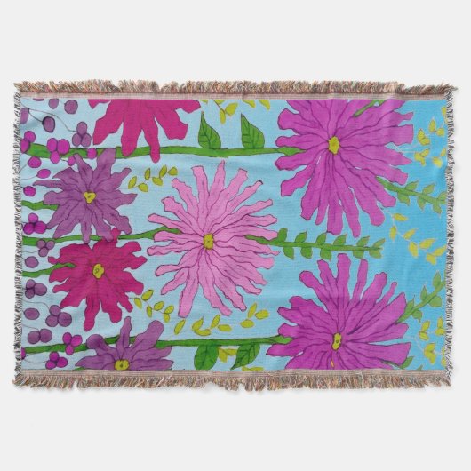 鮮やかなピンクの花のスケッチオンブルー スローブランケット (正面)