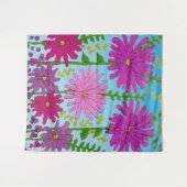 鮮やかなピンクの花のスケッチオンブルー タペストリー (正面(横))