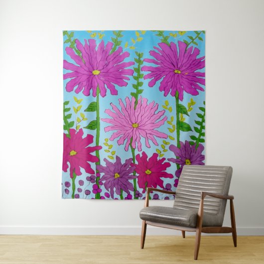 鮮やかなピンクの花のスケッチオンブルー タペストリー (インサイチュ)