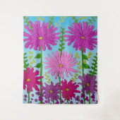 鮮やかなピンクの花のスケッチオンブルー タペストリー (正面)